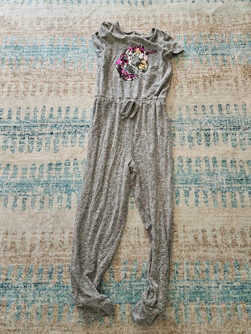 Girls Gray Knit Unicorn Sequin Jumpsuit